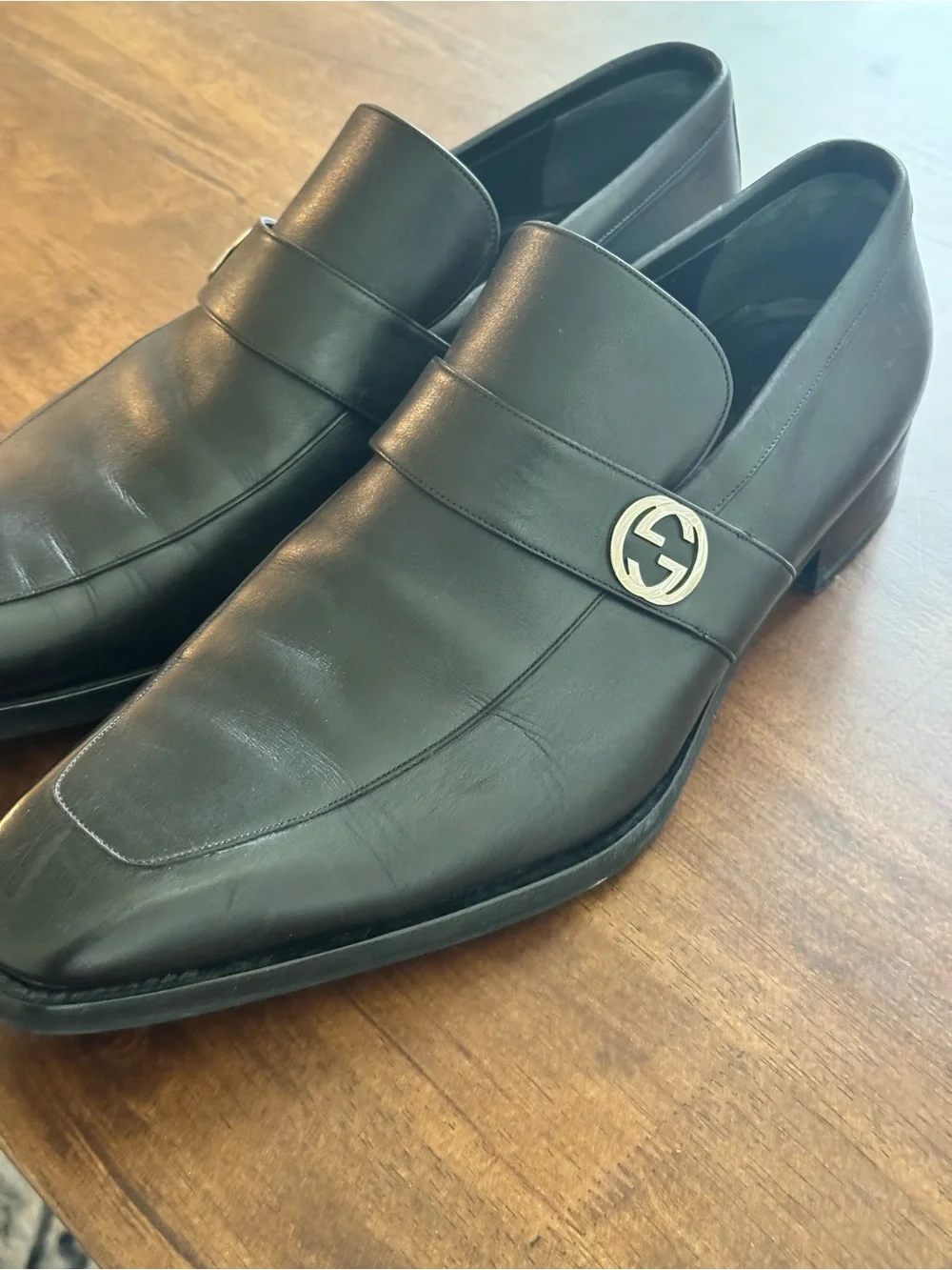Gucci Black Leather Interlocking G Loafers  14D Excellent Made in Italy